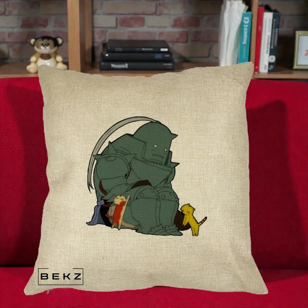 Perna Personalizata Fullmetal Alchemist Alphonse cu Pisici, 40x40 cm, Crem, Husa Detasabila, Perna Inclusa, BEKZ®