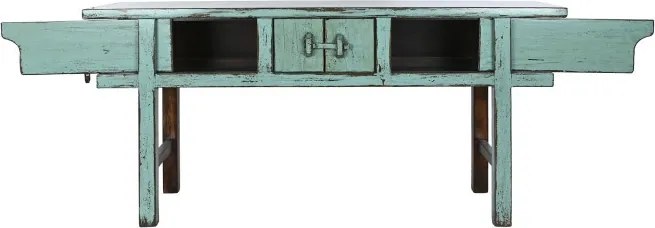 Consolă hol vintage din lemn de ulm, turcoaz, cu 2 sertare, 2 uși și zăvor din lemn, 88 x 170 x 49 cm, „Azure”