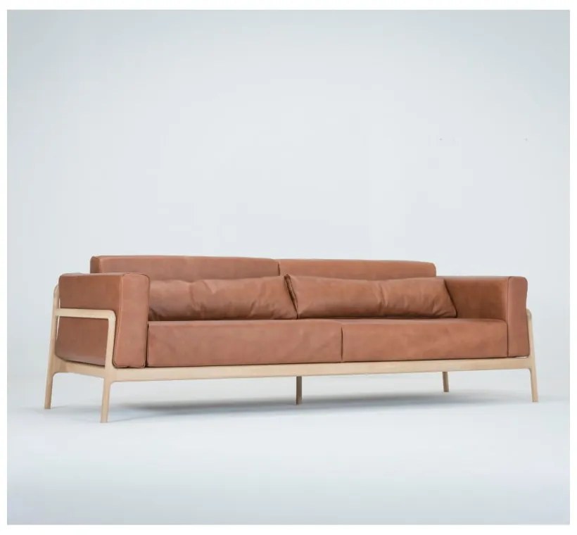 Canapea din piele bovină cu structură din lemn masiv de stejar Gazzda Fawn, 240 cm, maro cognac