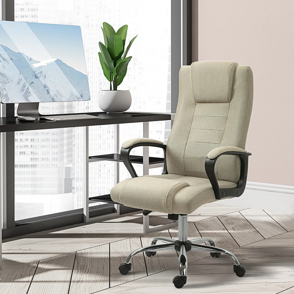 Vinsetto Scaun de Birou Ergonomic, Rotativ și Înclinabil, din Țesătură cu Aspect de In, cu Tetieră, Bej | Aosom Romania
