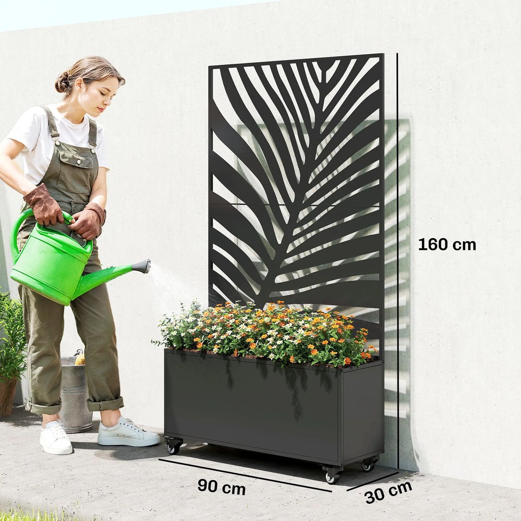 Outsunny Jardinieră cu spalier, cuvă pentru flori, cu paravan de intimitate și roți blocabile, metal, 90 x 30 x 160 cm, negru | Aosom Romania