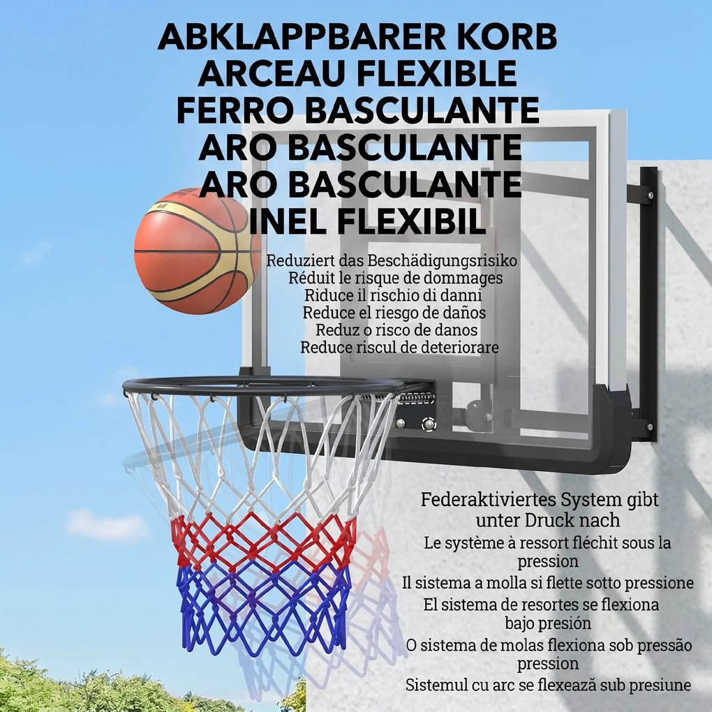 SPORTNOW Coș de baschet de perete pentru exterior 110x90 cm, panou de baschet, inel din oțel, cerc rezistent Ø45 cm și plasă, negru | Aosom Romania