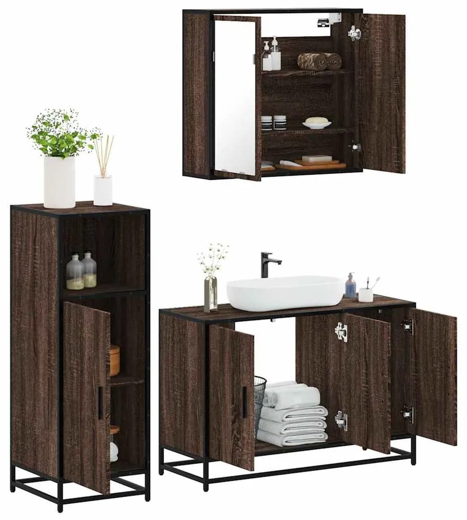 vidaXL Set mobilier de baie, 3 piese, stejar maro, lemn prelucrat