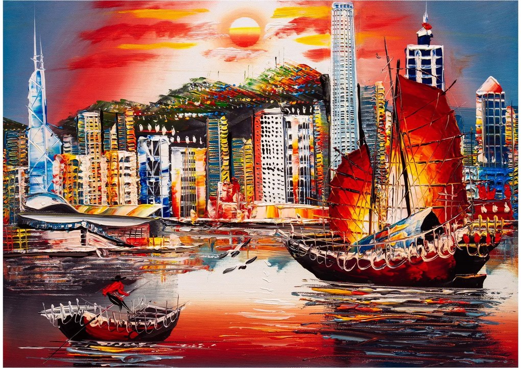 Tablou pe sticlă - Victoria Harbour, Hong Kong, pictură în ulei (70x50 cm)