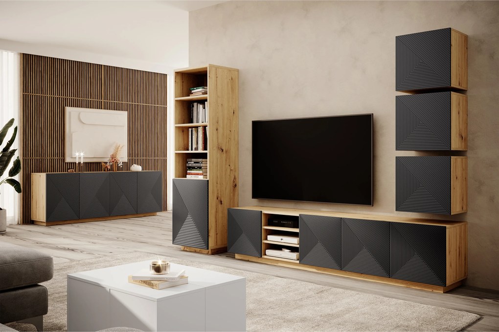 Comodă TV Asha 200 cm cu partea frontală riflat și nișă – stejar artisan / rivier stone mat