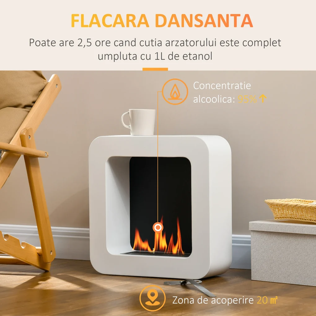 Semineu cu bioetanol de perete, incalzitor din metal, ardere de 2,5 ore, Acoperire 20m² cu rezervor de 1 l, 48x18x48cm alb HOMCOM | Aosom RO