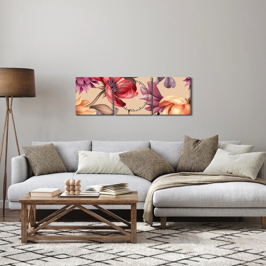 Tablou - Flori de epocă (cu ceas) (90x30 cm)