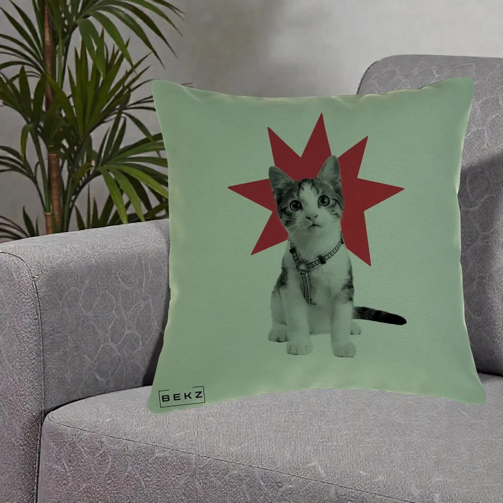 Perna Decorativa Pisica Star Pop Art, 40x40 cm, Verde, Husa Detasabila, Perna Inclusa, BEKZ®