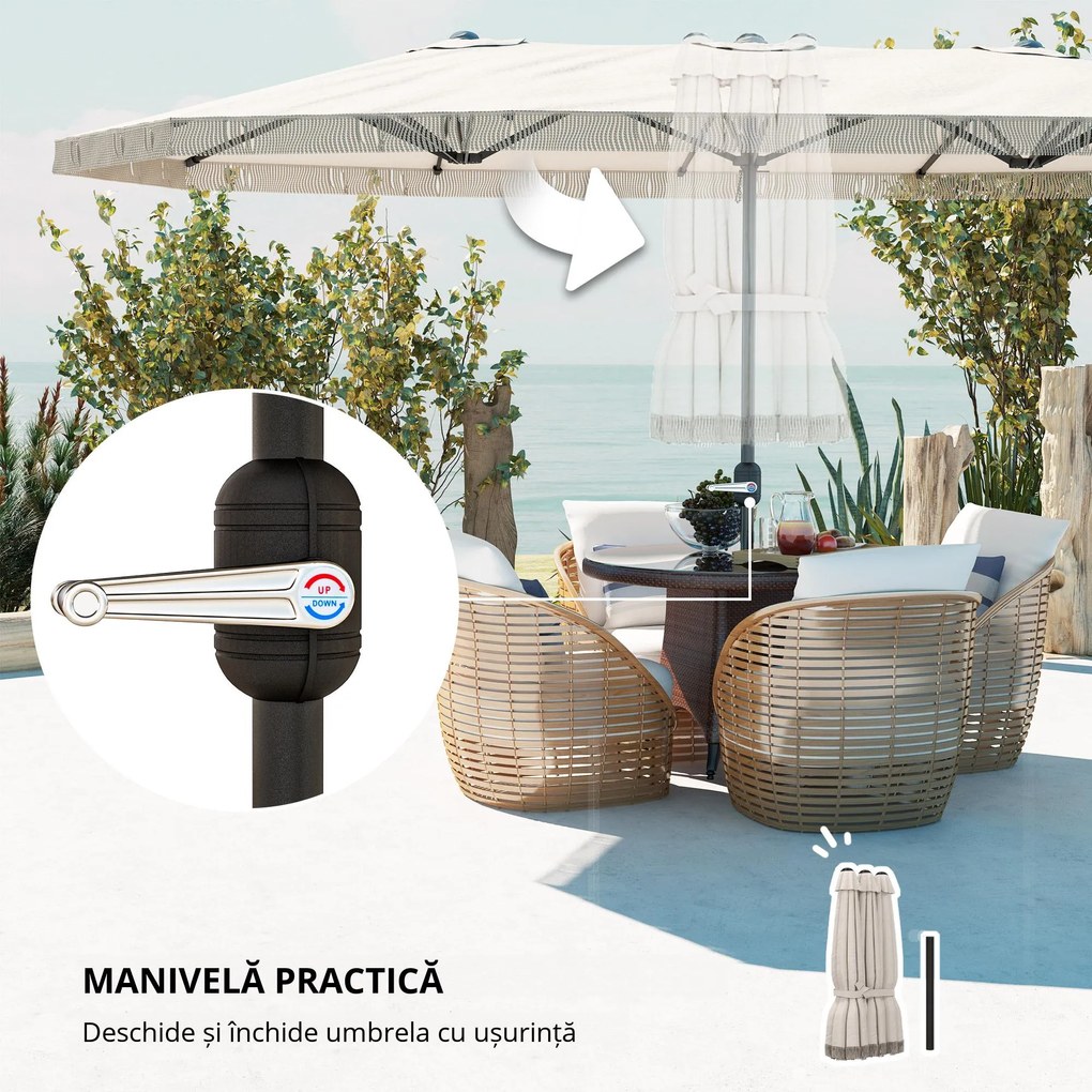 Outsunny Umbrelă de Grădină cu Două Fețe și Mâner cu Manivelă Ușor de Utilizat, 450x265x260 cm, Alb Crem | Aosom Romania