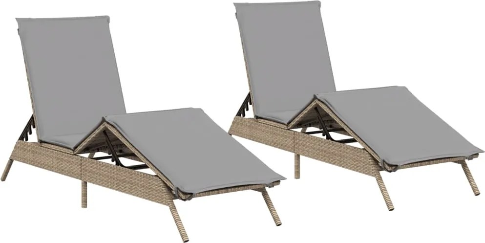 vidaXL Șezlonguri de plajă cu perne, 2 buc., bej, poliratan