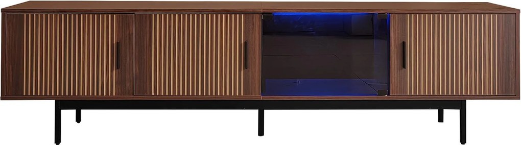 TV-Lowboard cu iluminare LED, 3 uși cu textură sculptată, mult spațiu de depozitare, 200x35x53 cm, Culoare naturală