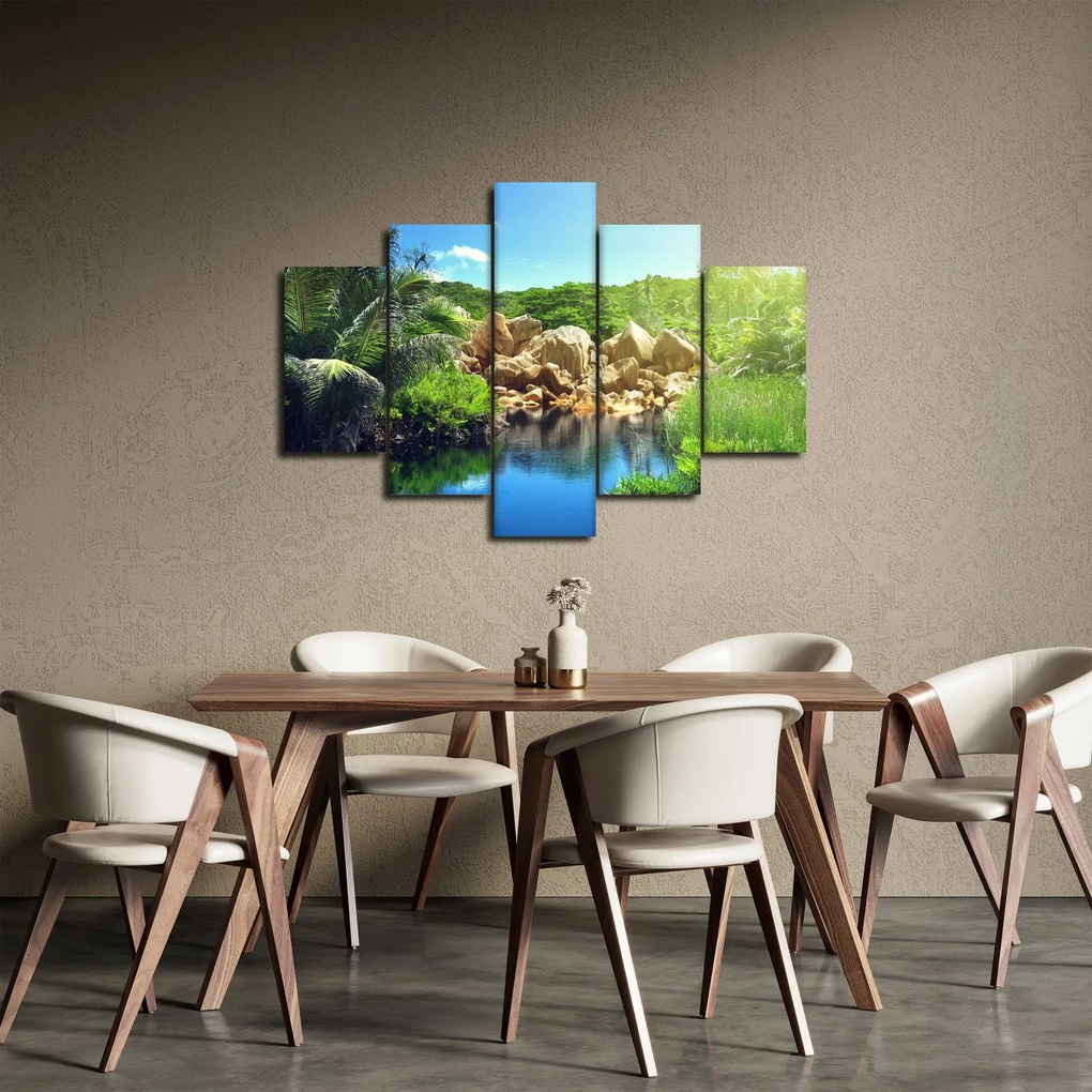 Tablou cu lac în jungla din Seychelles (150x105 cm)