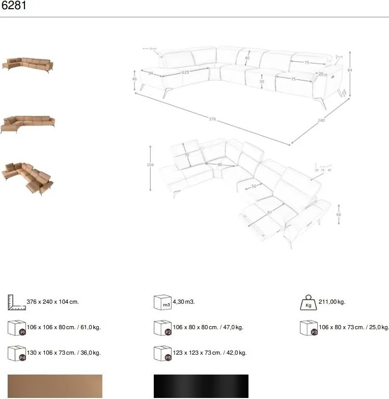 Coltar modular LUX design italian cu sezlong stanga Piele Naturala, Brown