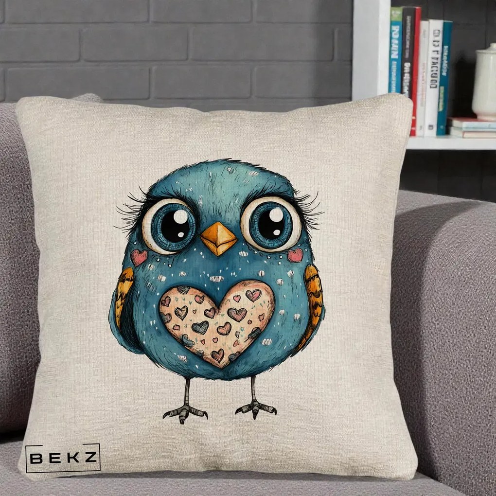 Perna Decorativa Bufnita Albastra cu Inimioare, 40x40 cm, Bej Canapea, Husa Detasabila, Perna Inclusa, BEKZ®