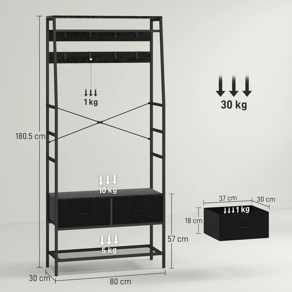 HOMCOM Suport pentru haine industrial cu 2 sertare textile, raft, 8 cârlige și cadru din oțel, 80 x 30 x 180,5 cm, negru | Aosom Romania