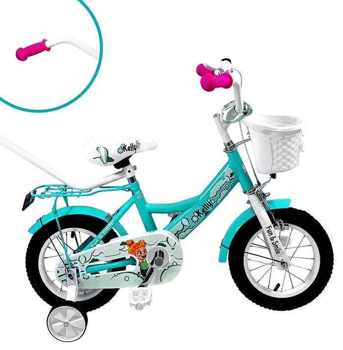 Bicicletă pentru copii cu bară de ghidare, coș și roți auxiliare 12 – pentru copii cu vârsta între 2,5 și 4 ani