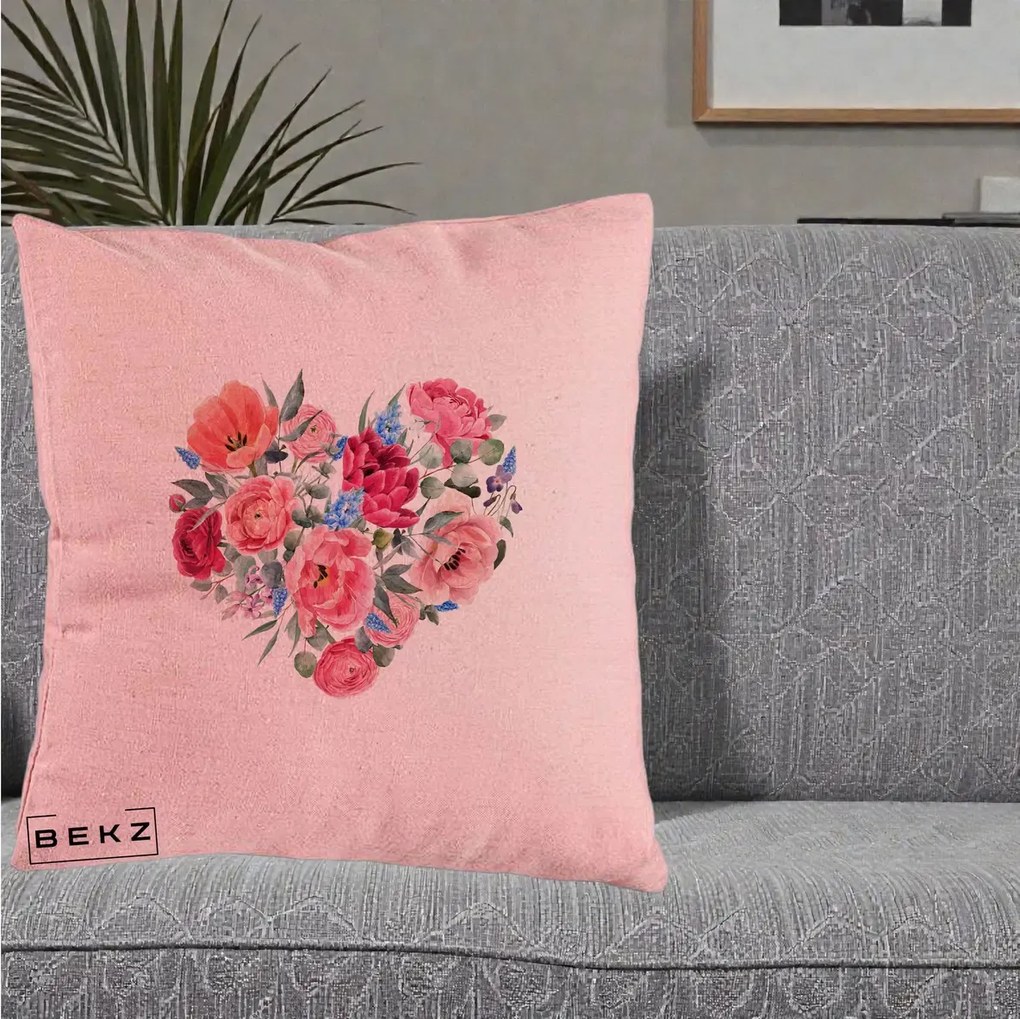 Perna Decorativa Inima din Bujori Acuarela, 40x40 cm, Roz, Husa Detasabila, Perna Inclusa, BEKZ®