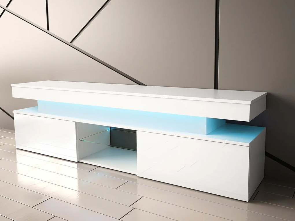 Dulap TV Lesteralo 2D 190 (Alb + lucios Alb) (cu iluminat LED albastru). 1106177