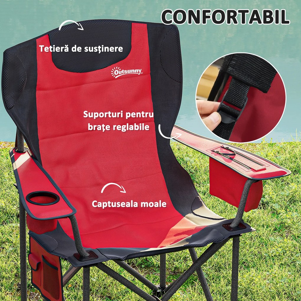 Outsunny Set 2 Scaune de Camping Pliabile cu Geantă Frigorifică, Suport pentru Pahare și Tetieră, 94x62x100 cm, Roșu | Aosom Romania