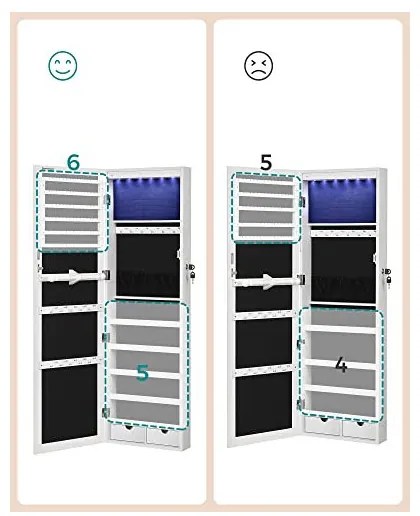 Dulap de bijuterii cu oglinda, Songmics, JJC99WT, Alb, 9,3 x 37 x 107 cm