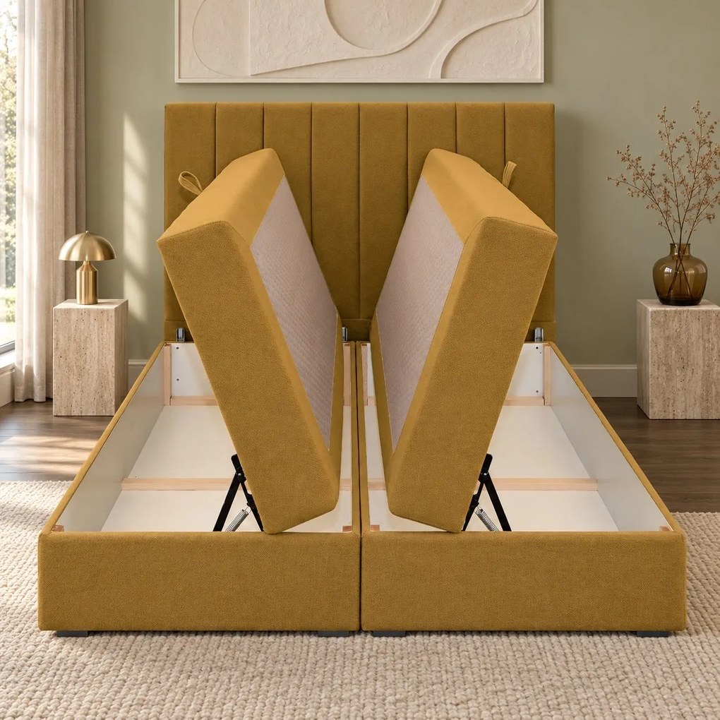 Pat boxspring din catifea Novella cu ladă 140×200 cm, galben muștar