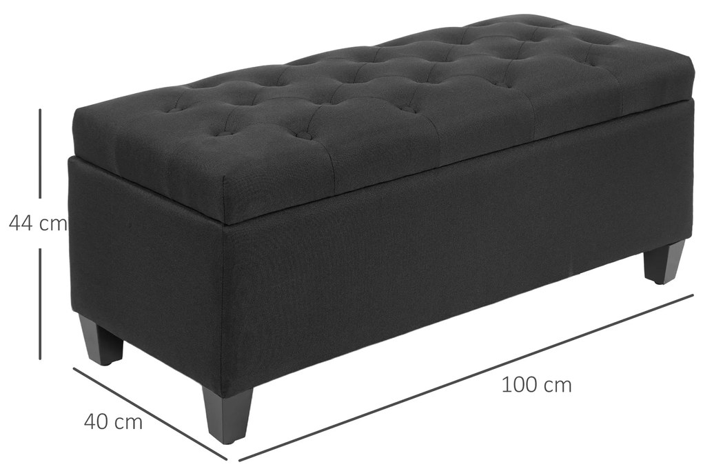 HOMCOM Bancă cu spațiu de depozitare, Truhenbank, poliester asemănător cu inul, lemn de cauciuc, Negru, 100 x 40 x 44 cm | Aosom Romania