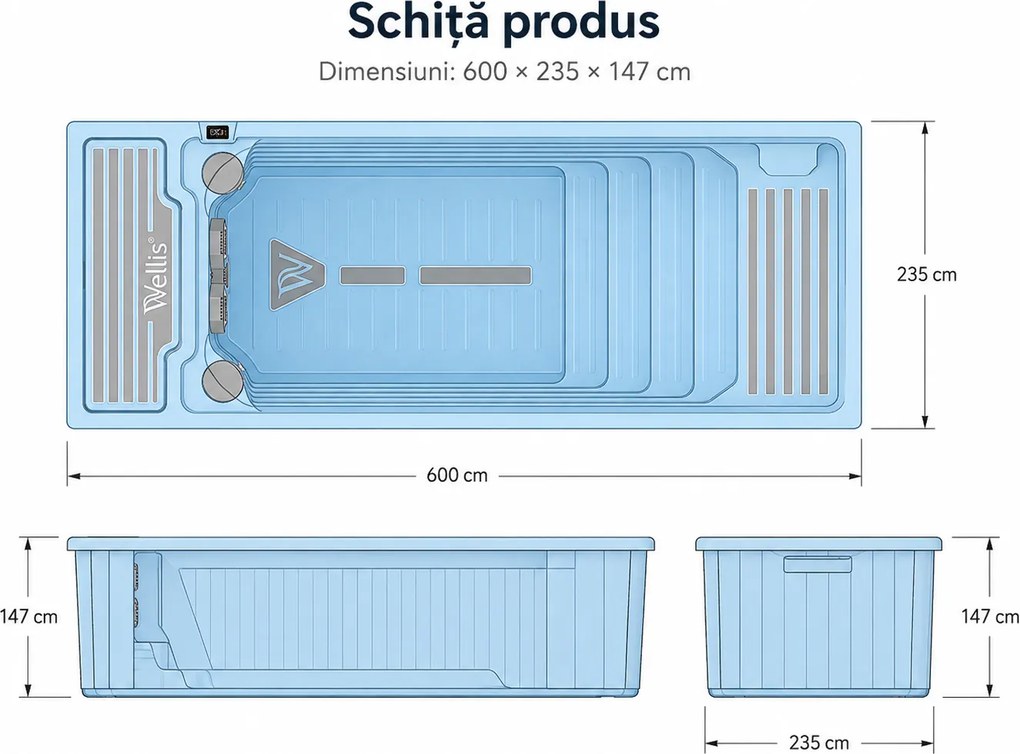 Piscina Wellis Beach Club Deluxe Swim Spa 600 235 147 cm, contracurent, 2 sunbed-uri, 7200 L