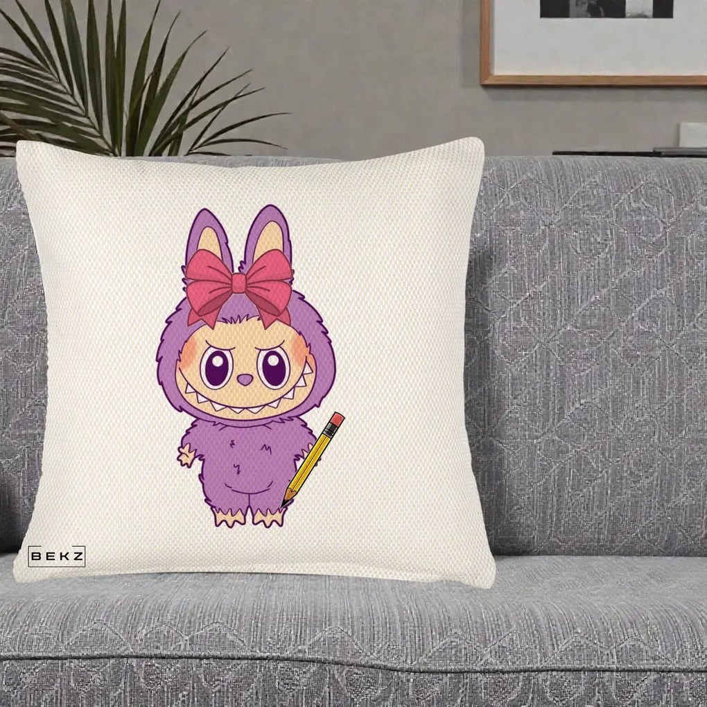 Perna Personalizata Labubu Mov cu Funda Rosie si Creion, 40x40 cm, Crem Reliefat, Husa Detasabila, Perna Inclusa, BEKZ®