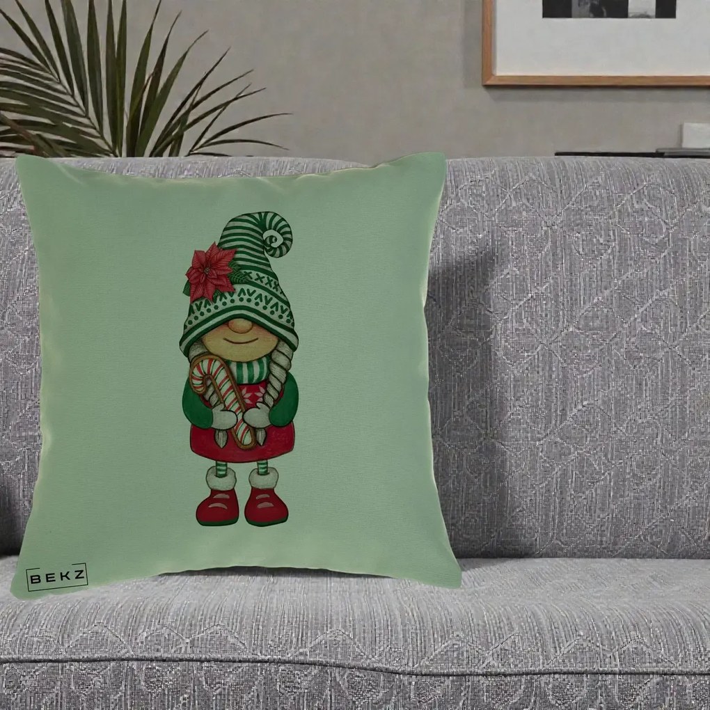Perna Decorativa Gnom Craciun Verde cu Bomboane si Floare, 40x40 cm, Verde, Husa Detasabila, Perna Inclusa, BEKZ®