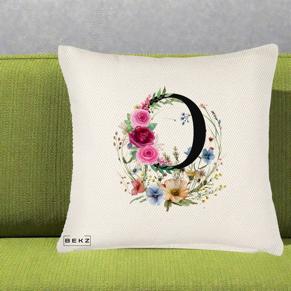 Cadou Personalizat - Perna Personalizata Monogram Litera O cu Flori Acuarela, 40x40 cm, Crem Reliefat, Husa Detasabila, Perna Inclusa, BEKZ®