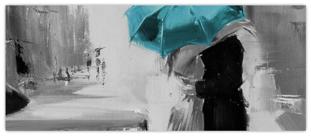 Tablou - Cuplu în dragoste cu umbrelă, albastru (120x50 cm)
