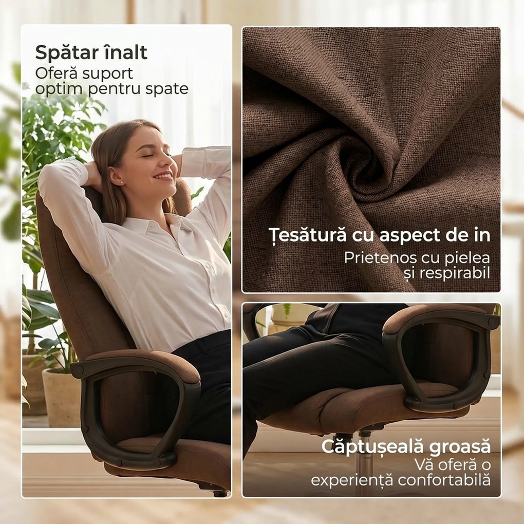 Vinsetto Scaun de Birou Ergonomic Inclinabil și Rotativ în Țesătură cu Aspect de In cu Tetieră, Maro | Aosom Romania