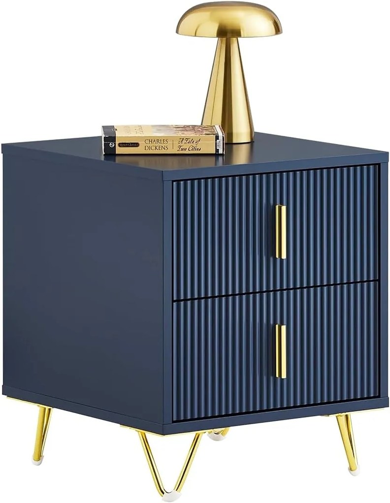 NOAL3 - Set 2x Noptiere, 40 cm, cu 2 sertare, Riflaje - Albastru - Auriu