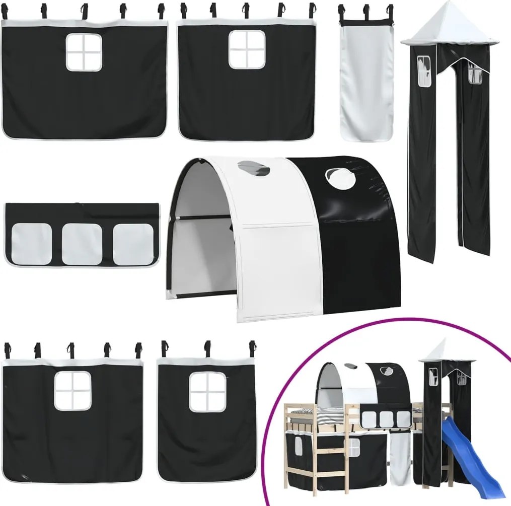 vidaXL Perdele pentru pat etajat cu tunel și turn, alb și negru