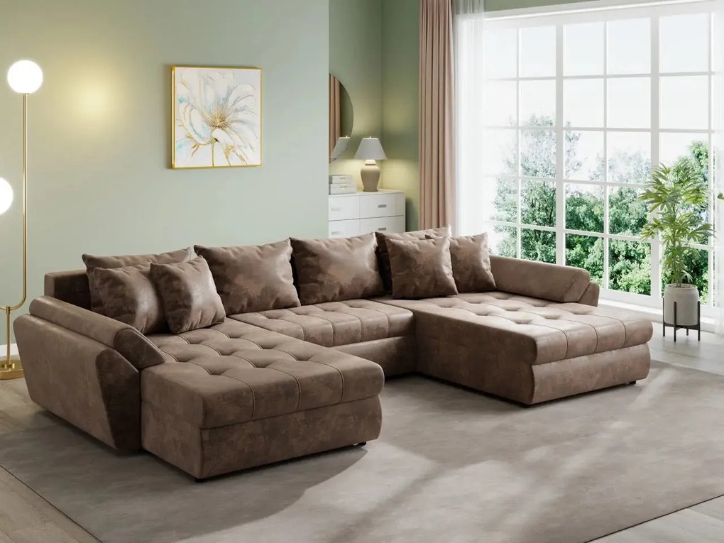 Colțar extensibil dumonde cu ladă de depozitare si sezut confortabil din spuma high-density, Loana U Madagaskar Brown 355x185 cm