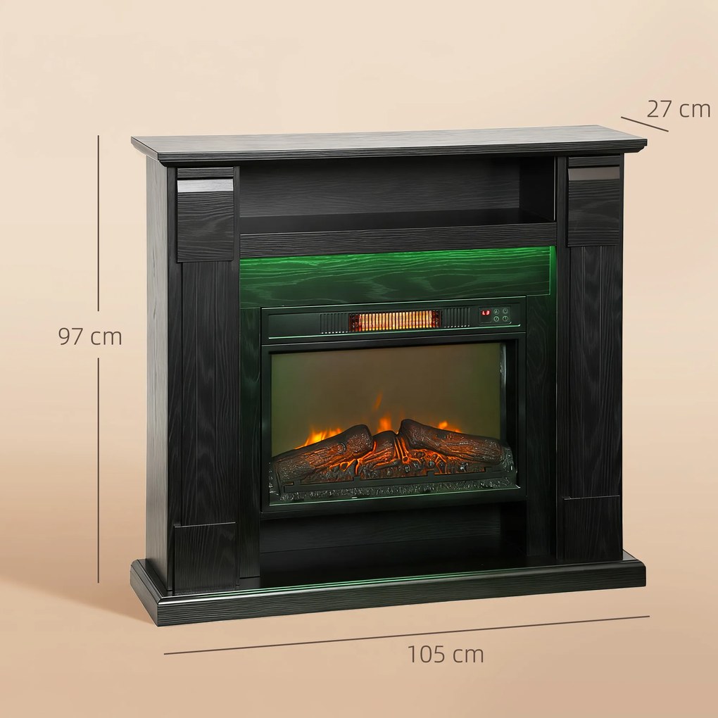 HOMCOM Șemineu Electric Reglabil cu Flacără 3D, Temporizator și Telecomandă Negru | Aosom Romania