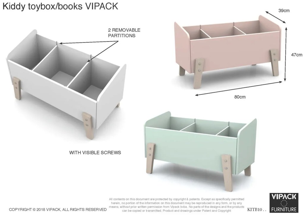 Cutie pentru Jucării Kiddy, cu 3 Compartimente și Picioare din Pin Masiv, Roz Pal – Vipack