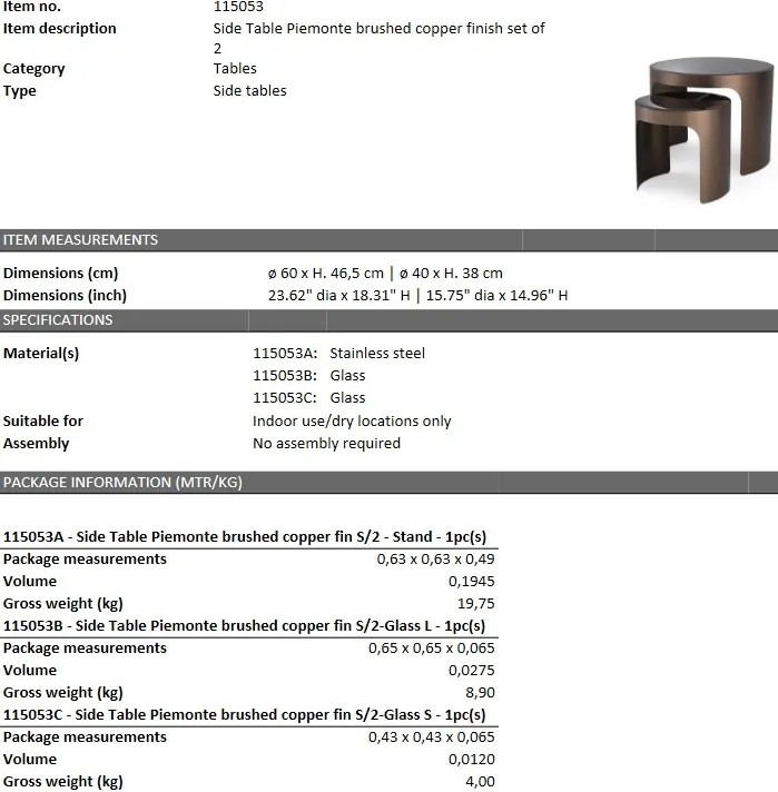 Set 2 masute de cafea LUX Piemonte S, cupru periat 115053 HZ