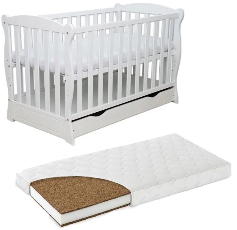 Patut din lemn masiv 120x60 cm Bethany alb cu sertar, include saltea cocos LUX 120x60x9 cm