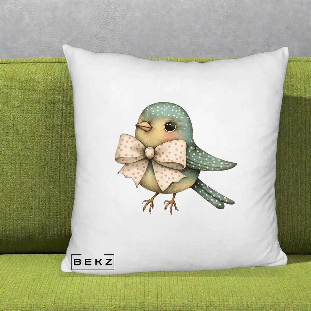 Perna Decorativa Pasare Teal cu Fundita cu Buline, 40x40 cm, Alb Pufos, Husa Detasabila, Perna Inclusa, BEKZ®