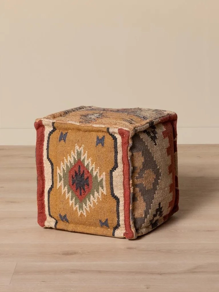 Puf kilim cubic din bumbac și lână, multicolor, cu modele diferite pe fiecare față, 45,5 x 45,5 x 45,5 cm, „Tikana”