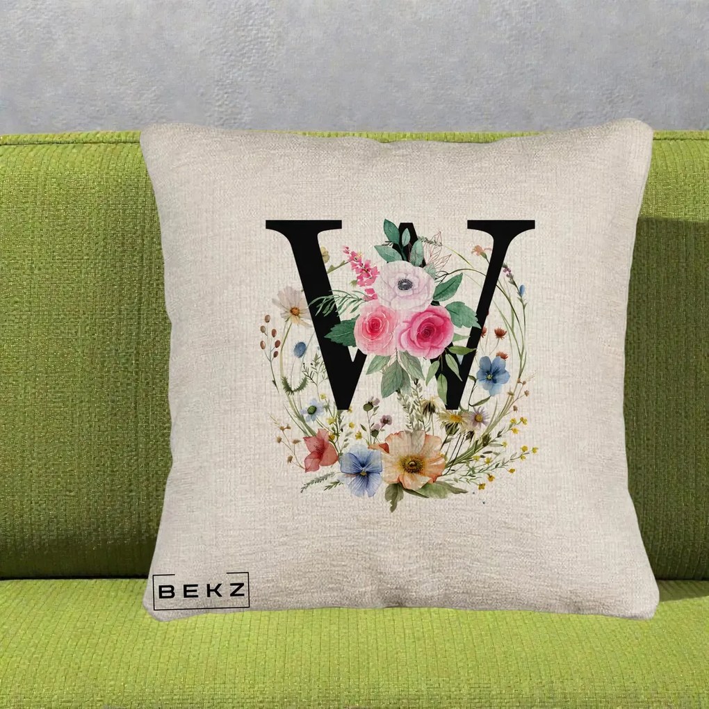 Cadou Personalizat - Perna Personalizata Monograma Florala Litera W, 40x40 cm, Bej Canapea, Husa Detasabila, Perna Inclusa, BEKZ®