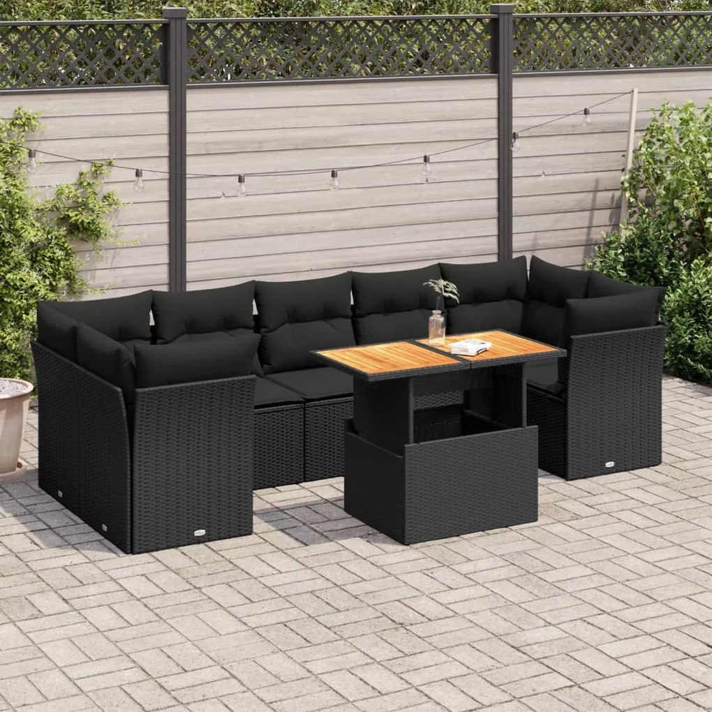 3326897 vidaXL Set mobilier de grădină cu perne, 8 piese, negru, poliratan