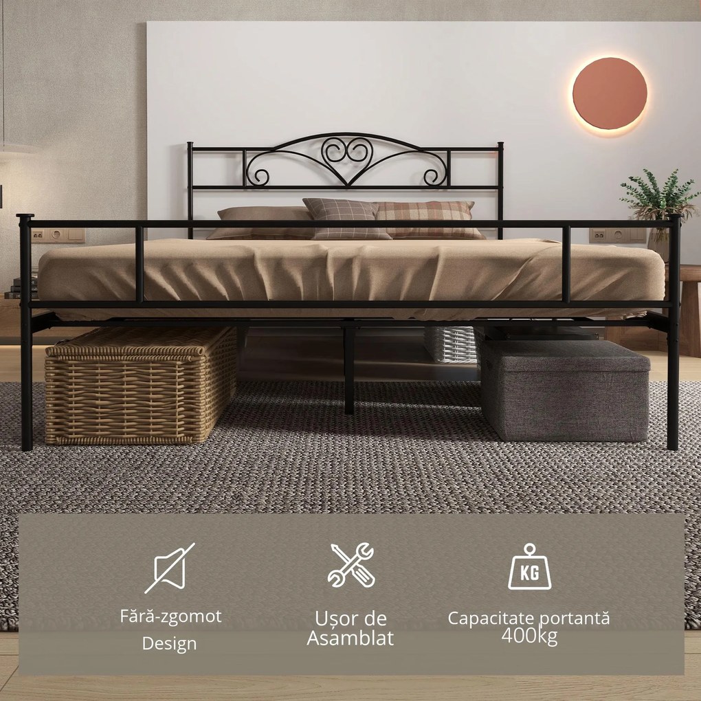 HOMCOM Structura Pat Matrimonial din Otel 160x200cm cu Sipci Integrate, Tetiera si Tablie, Spatiu de Depozitare, Negru | Aosom Romania
