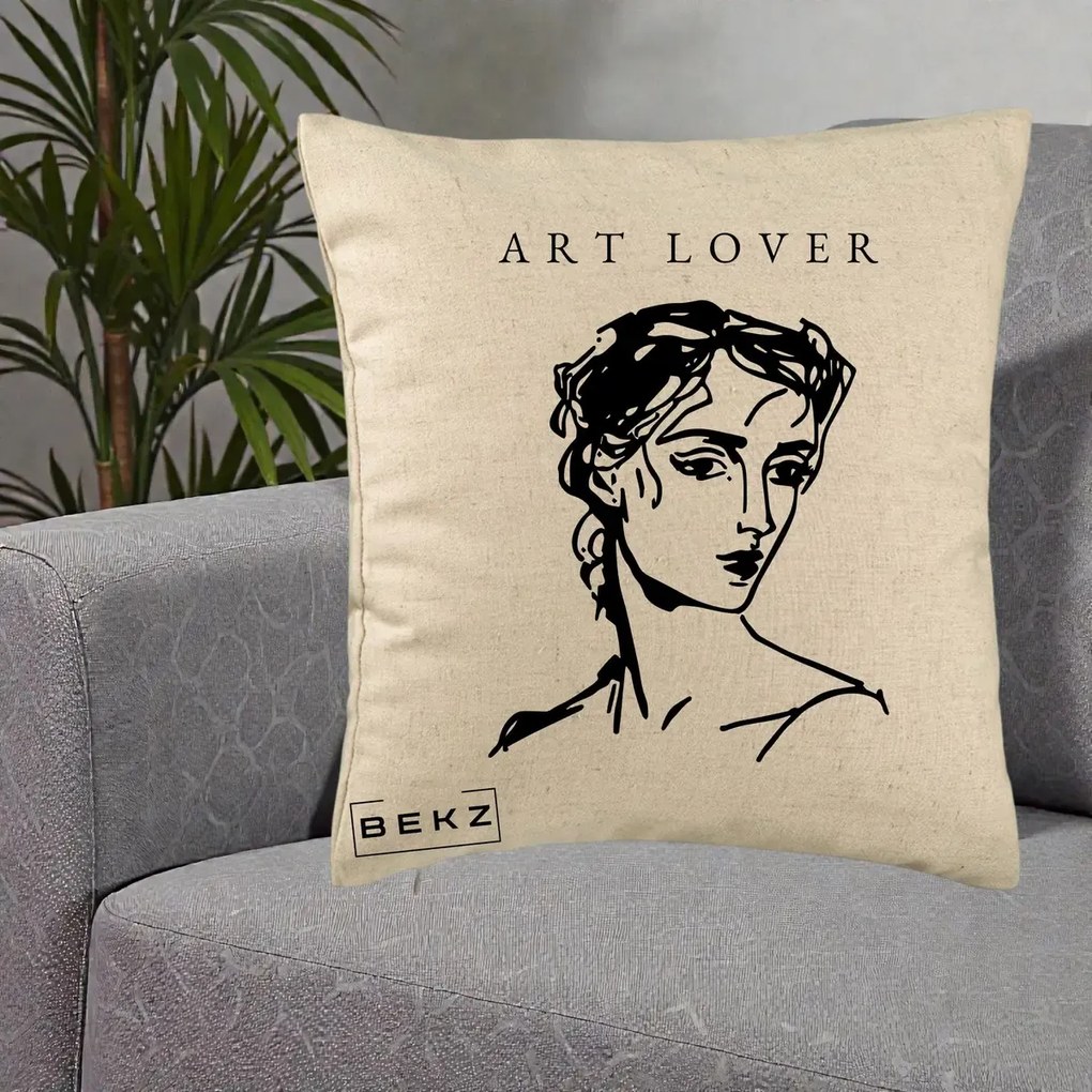 Perna Decorativa Art Lover Portret Grafic, 40x40 cm, Bej, Husa Detasabila, Perna Inclusa, BEKZ®