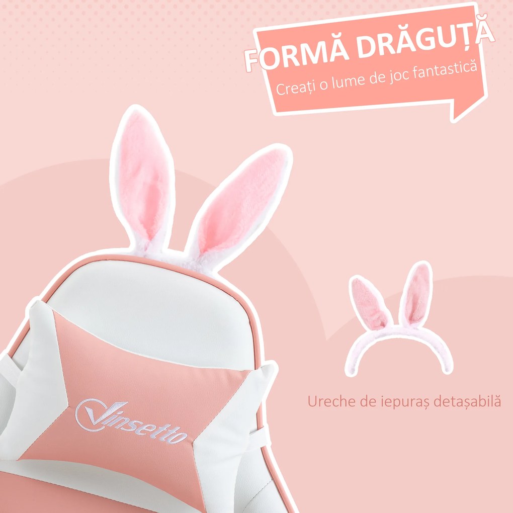 Vinsetto Scaun de Gaming Ergonomic cu Urechi de Iepure și Suport pentru Picioare Extensibil, 65x63x136-142 cm, Roz | Aosom Romania