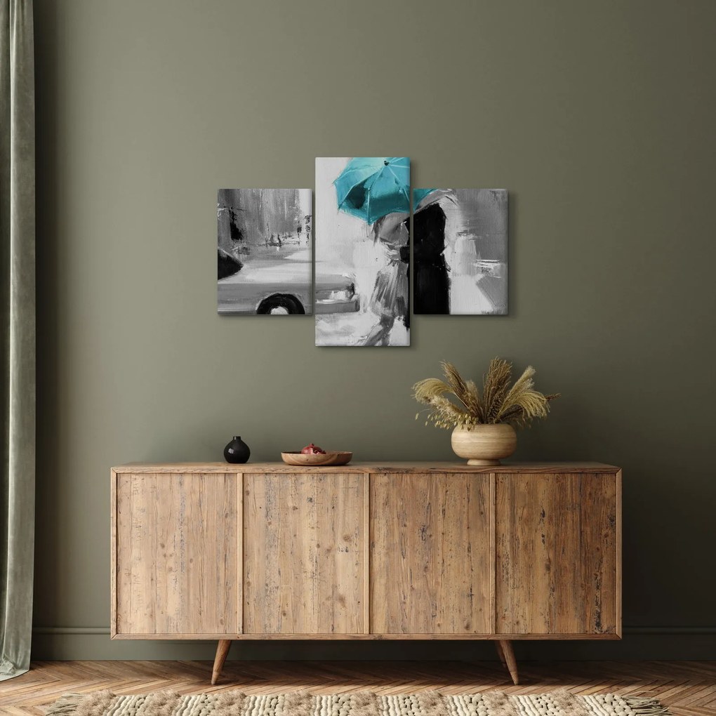 Tablou - Cuplu în dragoste cu umbrelă, albastru (90x60 cm)