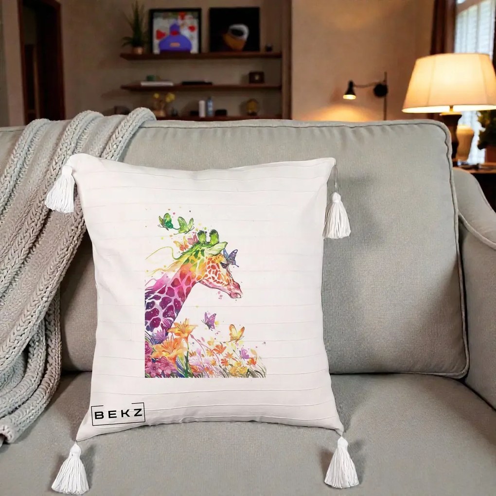 Perna Decorativa Girafa Curcubeu Acuarela, 40x40 cm, Bej cu Franjuri, Husa Detasabila, Perna Inclusa, BEKZ®