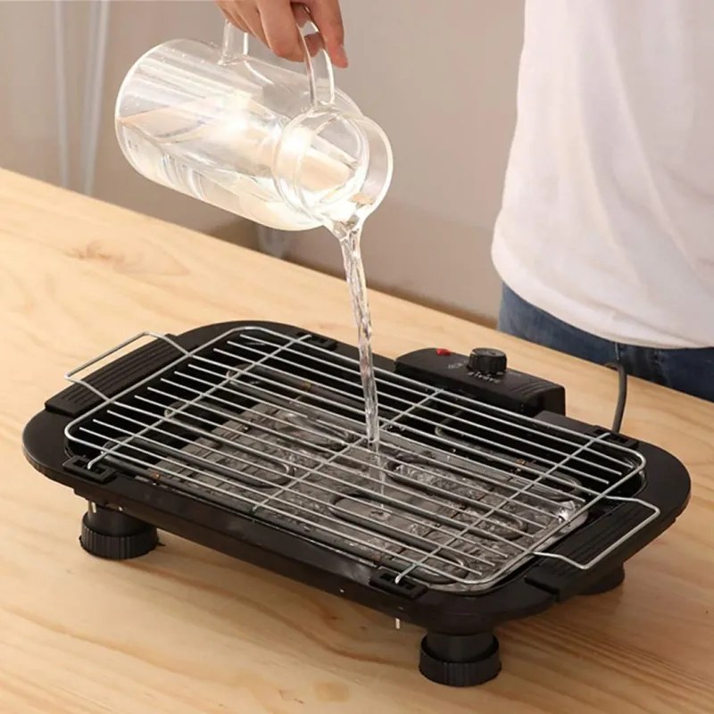 Gratar electric Royalty Line RL-SBGT2000, 2000W, 38x28 cm, Suport pliabil, 200°C, Termostat, Tava de scurgere, Negru