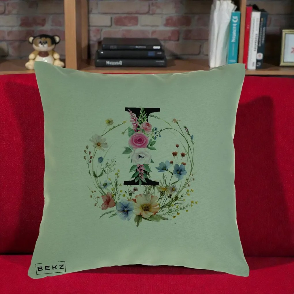 Cadou Personalizat - Perna Personalizata Monogram Litera I cu Flori Acuarela, 40x40 cm, Verde, Husa Detasabila, Perna Inclusa, BEKZ®